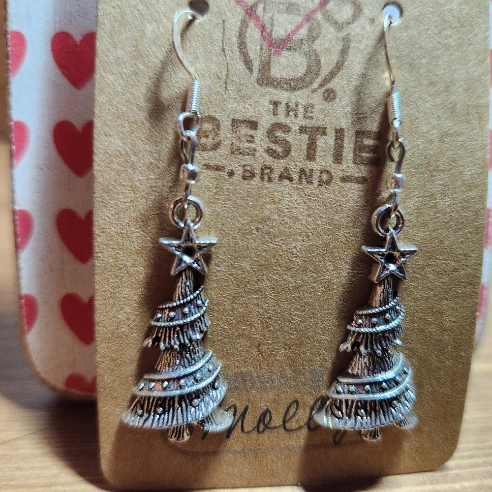 Silver in Color Christmas Tree Charm Dangle Earrings